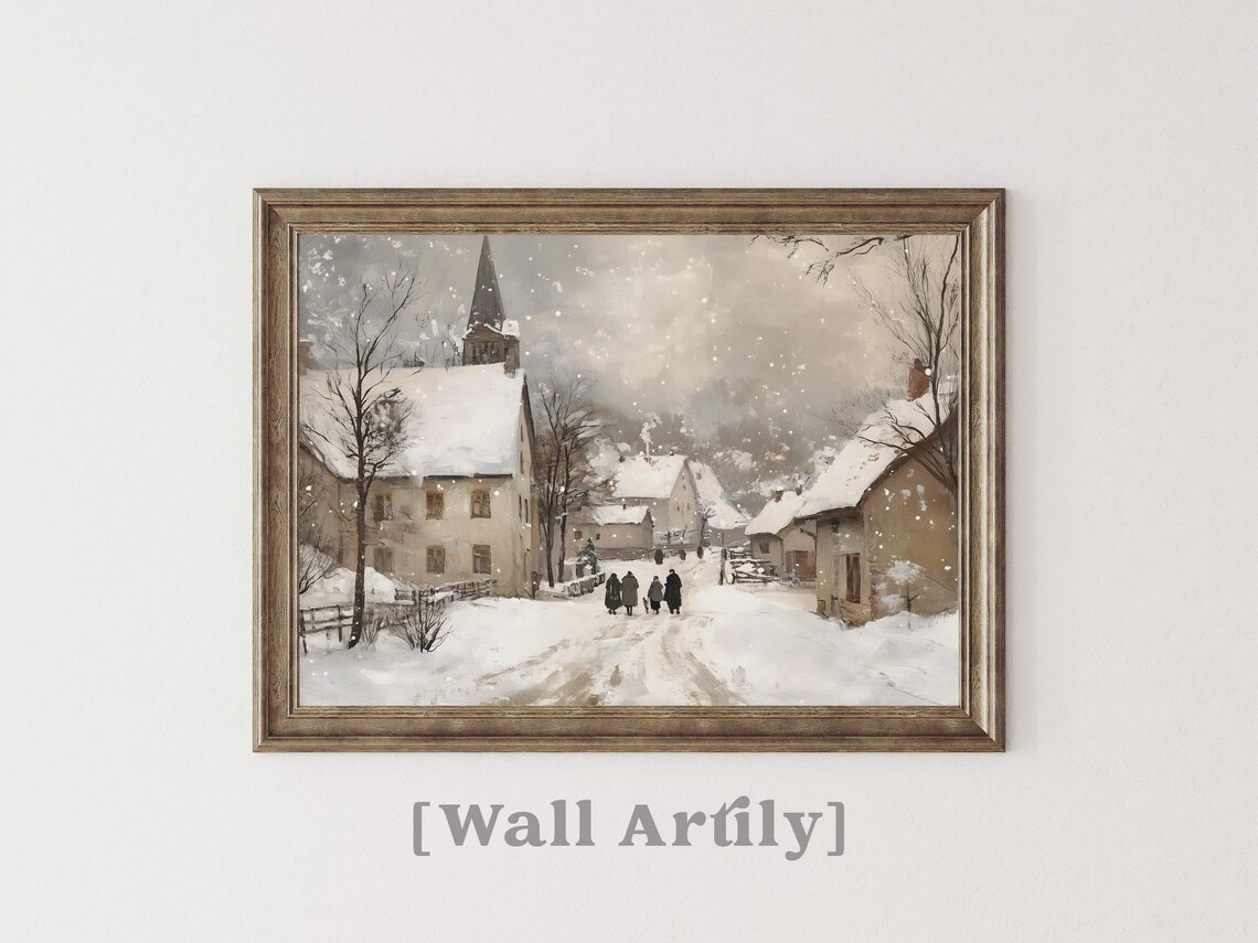 Snowy Church Village With Villagers Walking In Falling Snow Poster - Image 7