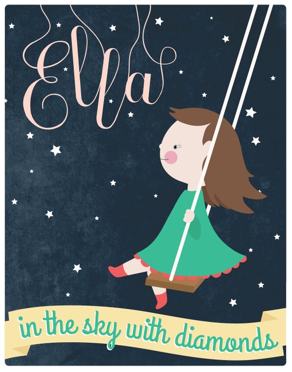 Personalized Childrens Illustration Little Girl Swinging With Starry Night