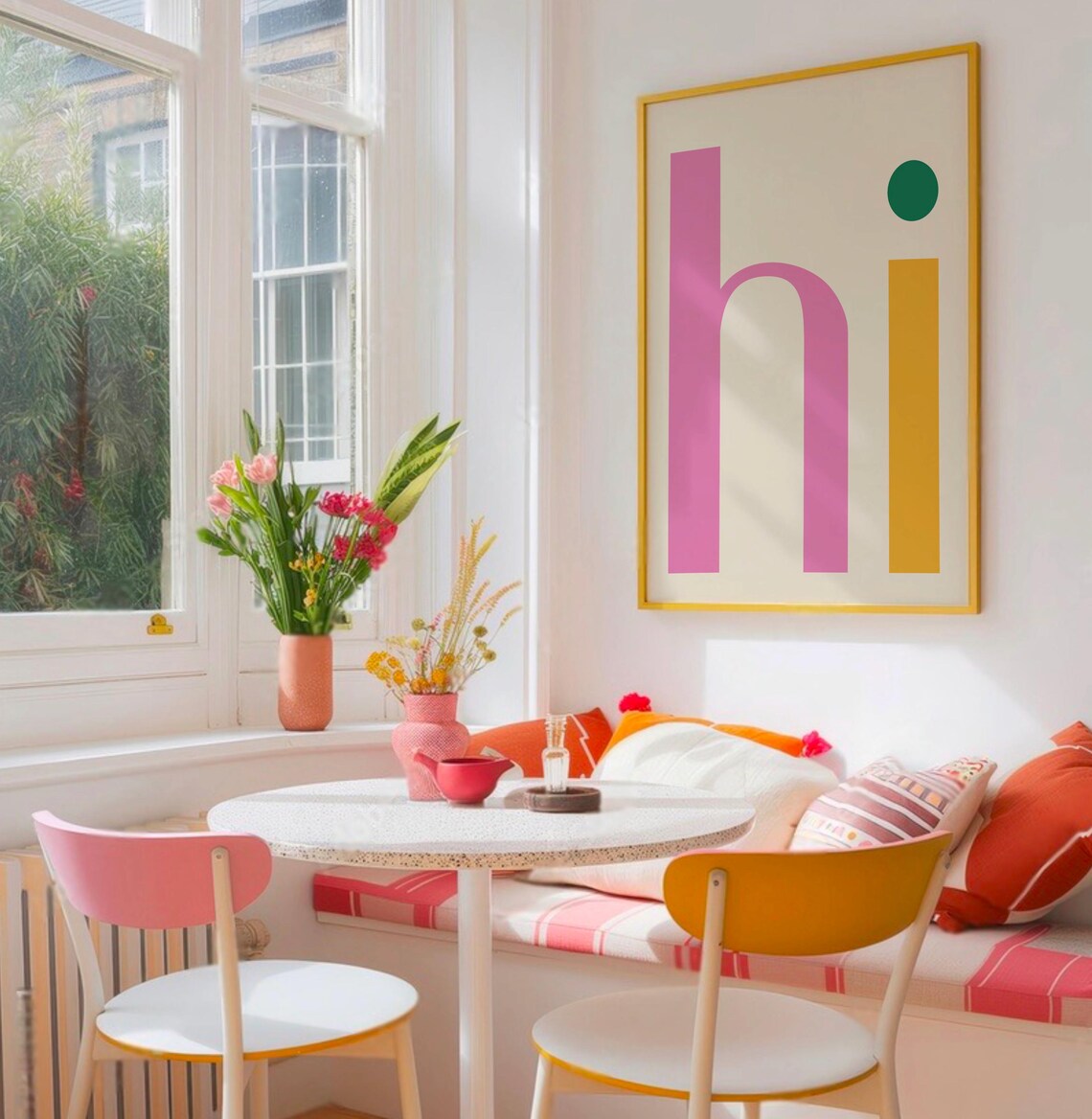 Hi Word Playful Pink Yellow Funky Minimalist Typography Poster