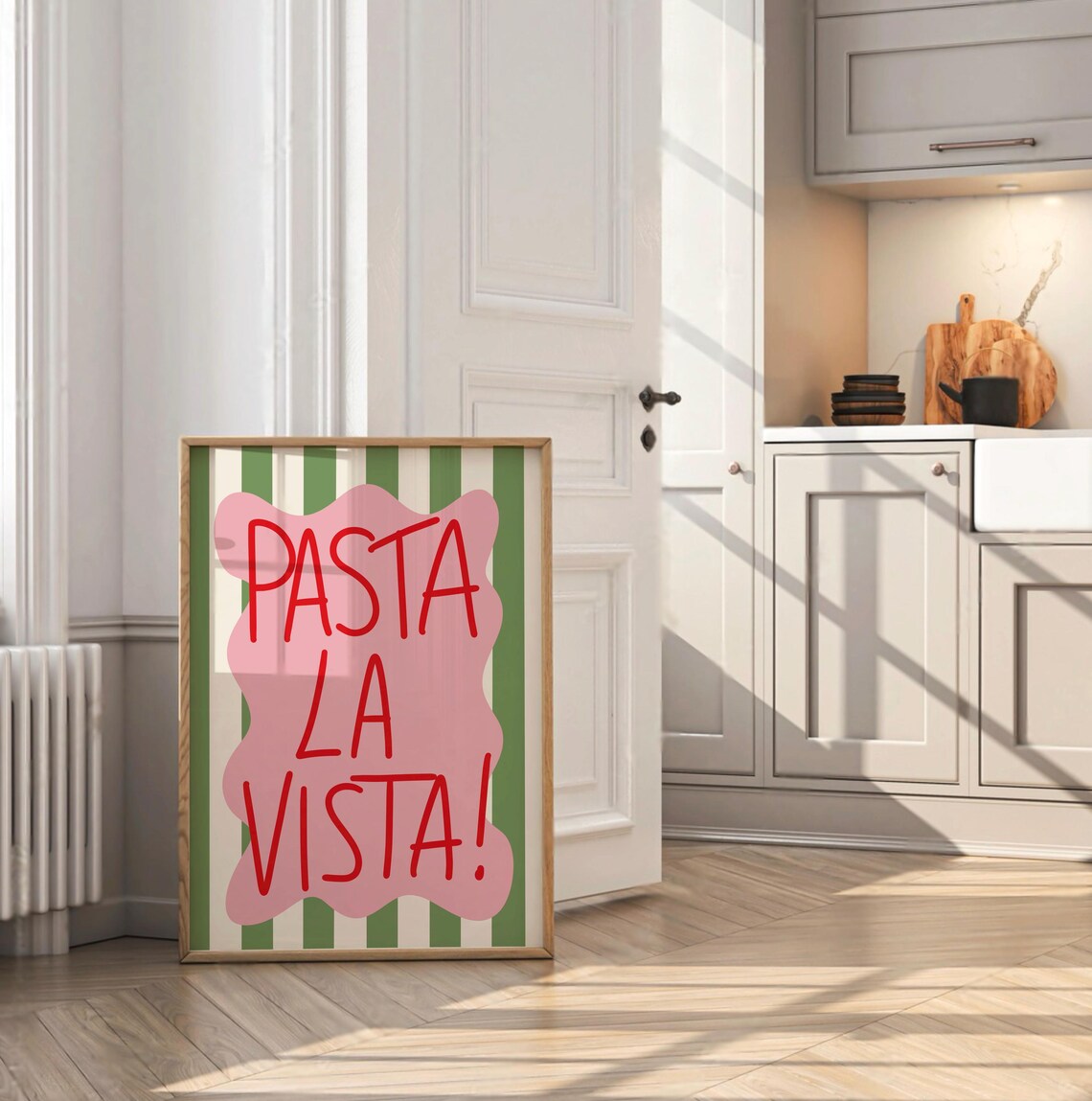 Pasta La Vista Fun Quote Pink Green Retro Kitchen Decor Poster