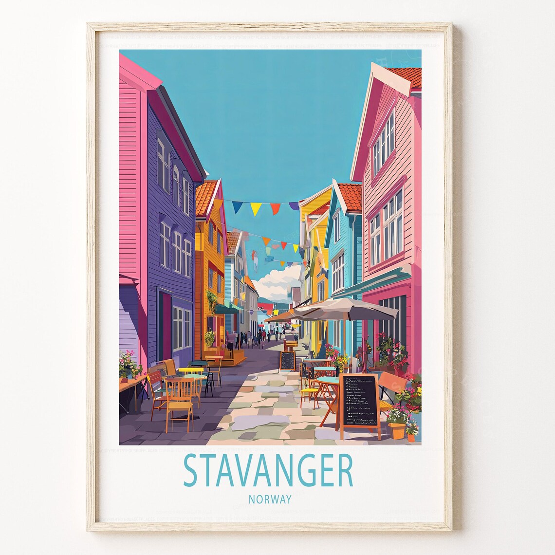 Stavanger Norway Colorful Old Town Street Cafes Bunting Travel Poster