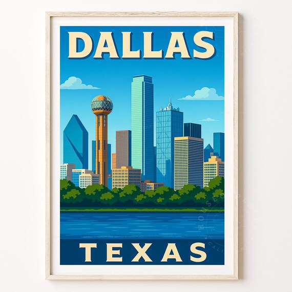 Dallas Texas Skyline Vintage Travel Poster Reunion Tower Cityscape
