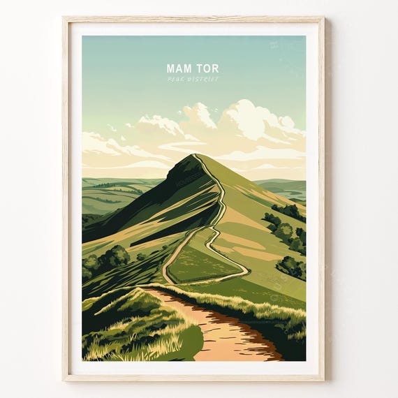 Mam Tor Peak District Winding Trail Green Hills Travel Poster