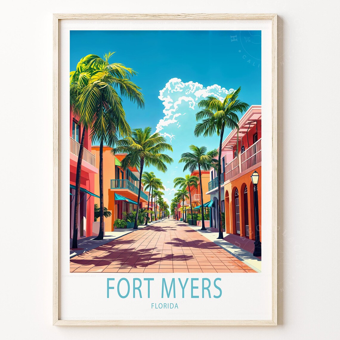 Fort Myers Florida Palm Lined Historic Street Sunny Travel Poster