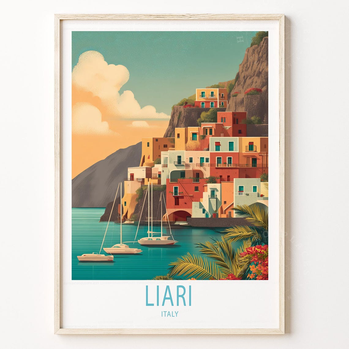 Liari Italy Retro Coastal Village Cliff Houses Sailboats Travel Poster