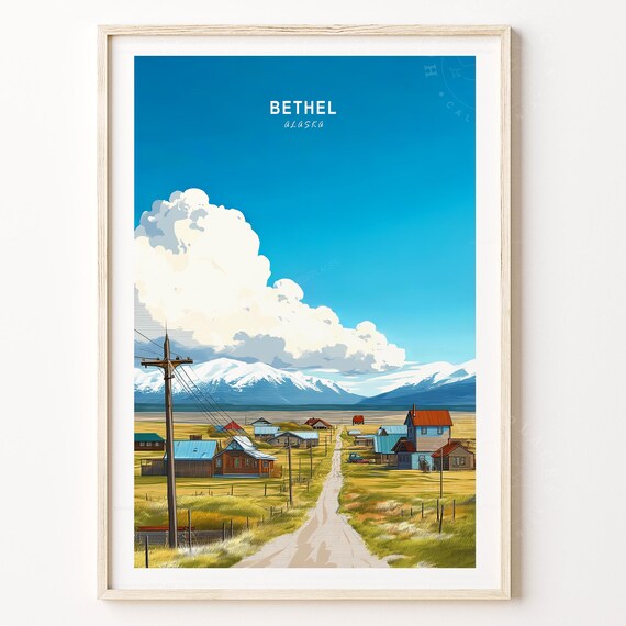 Bethel Alaska Travel Poster Mountain Village Dirt Road Scenic View