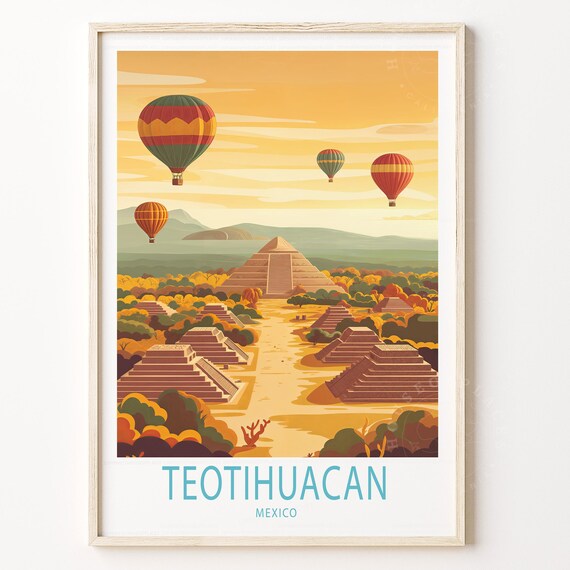 Teotihuacan Mexico Ancient Pyramids Hot Air Balloons Sunset Travel Poster