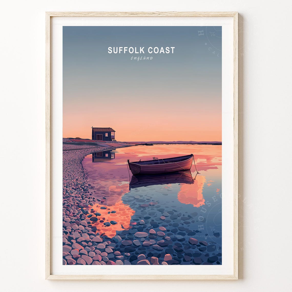 Suffolk Coast England Evening Tide Beach Hut Rowboat Travel Poster