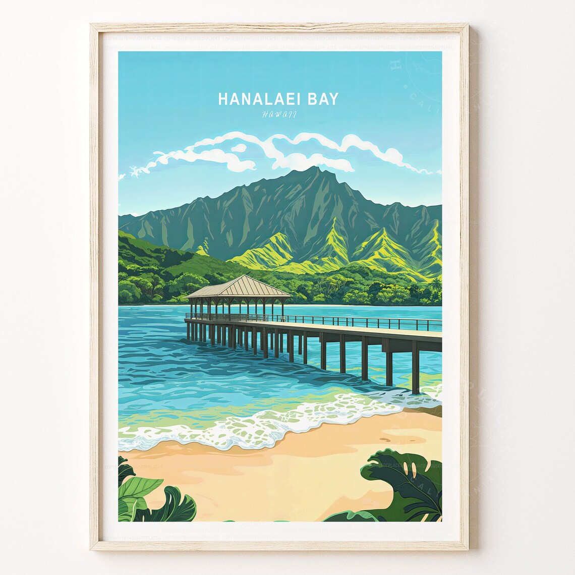 Hanalei Bay Hawaii Travel Poster, Minimalist Cityscape
