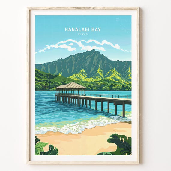 Hanalei Bay Hawaii Travel Poster, Minimalist Cityscape