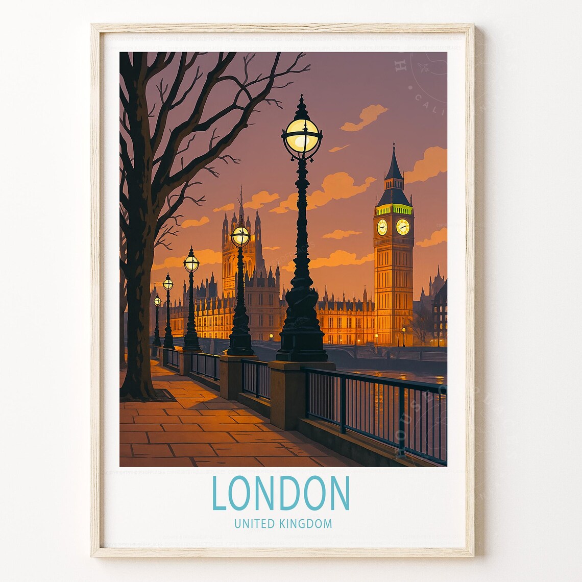 London United Kingdom Big Ben Sunset Thames Embankment Poster