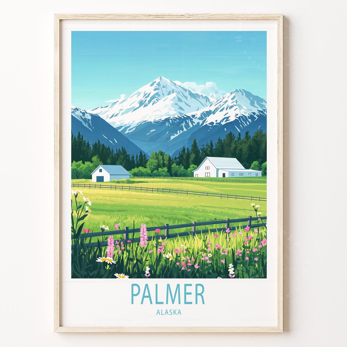 Palmer Alaska Snow Capped Peaks Farm Wildflower Retro Travel Poster