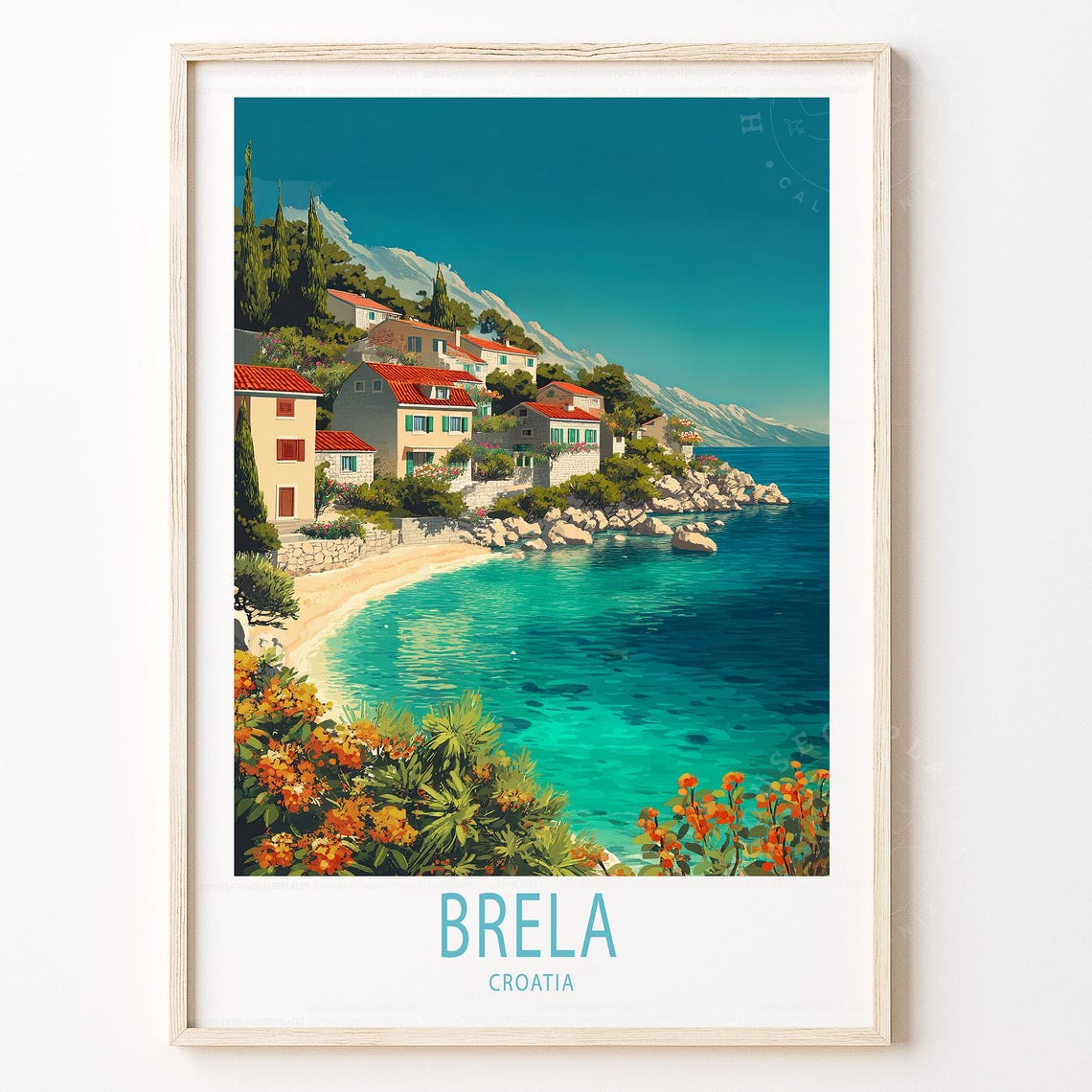 Brela Croatia Travel Poster Dalmatian Coast Village Turquoise Bay Art