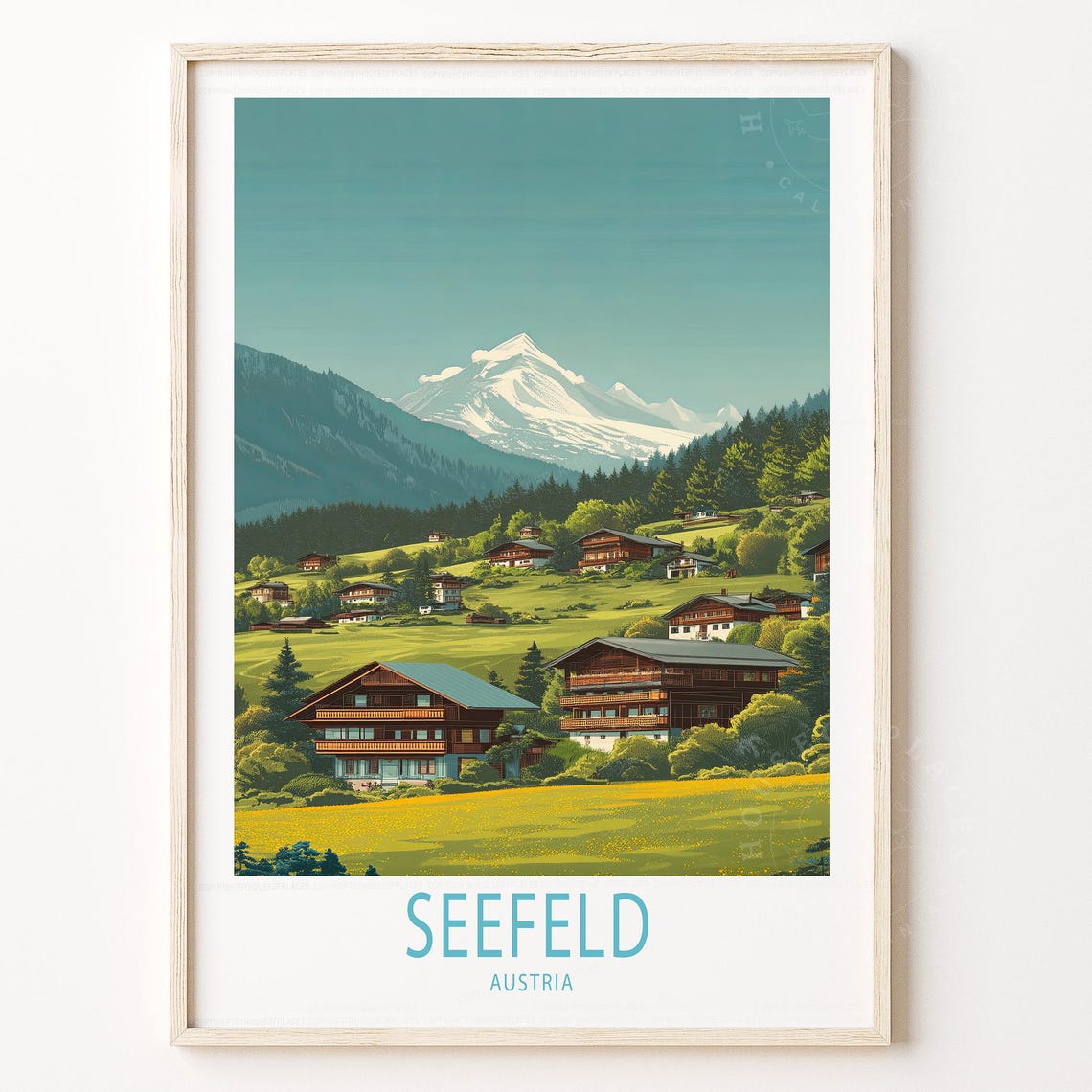 Seefeld Austria Summer Meadow Chalets Mountain Peak Travel Poster