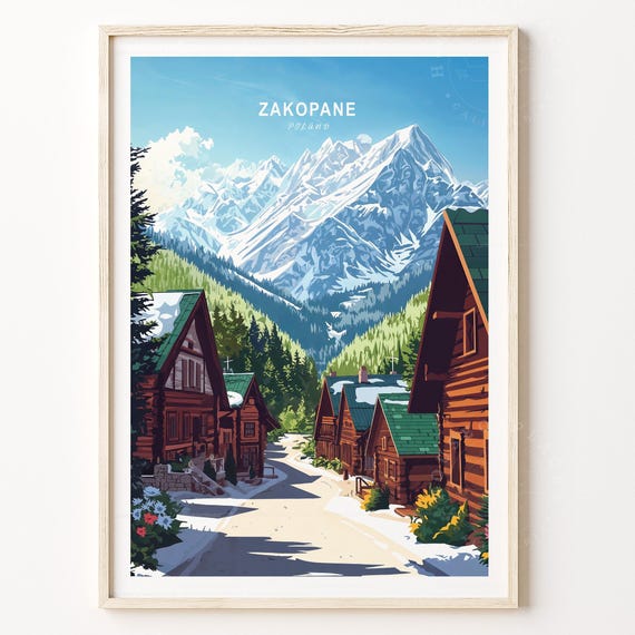 Zakopane Poland Mountain Village Travel Poster Wooden Cabins Tatra Art