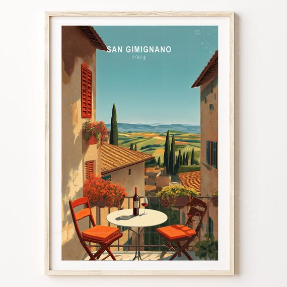 San Gimignano Italy Tuscan Hillside Terrace Vintage Travel Poster