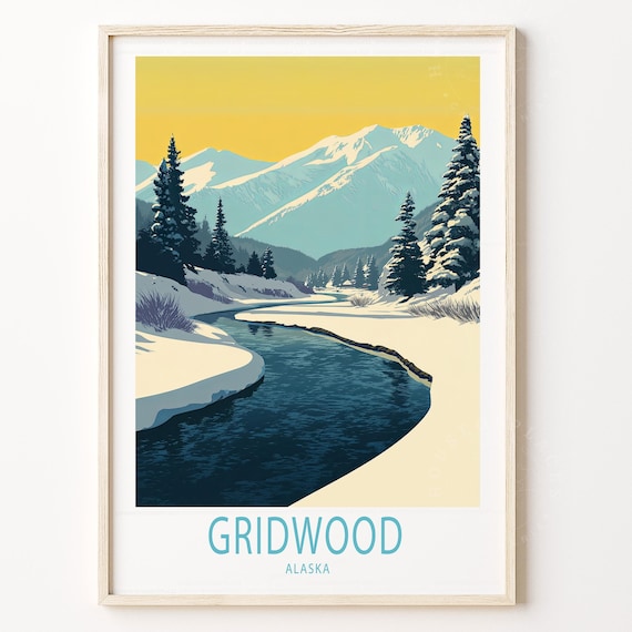 Gridwood Alaska Winter Snowy Mountain River Ski Travel Poster