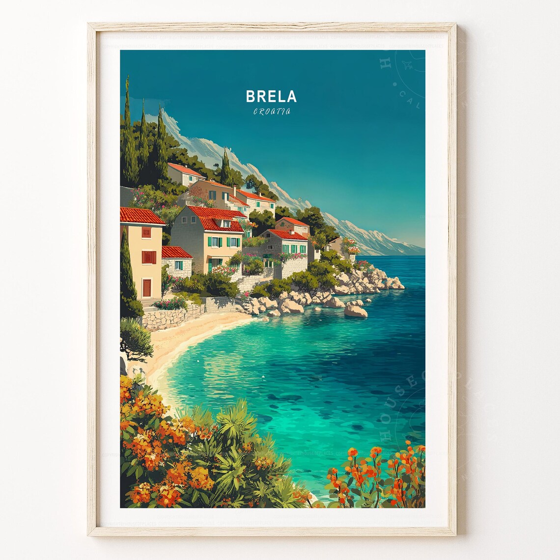 Brela Croatia Travel Poster Turquoise Bay Village Summer Coast Art