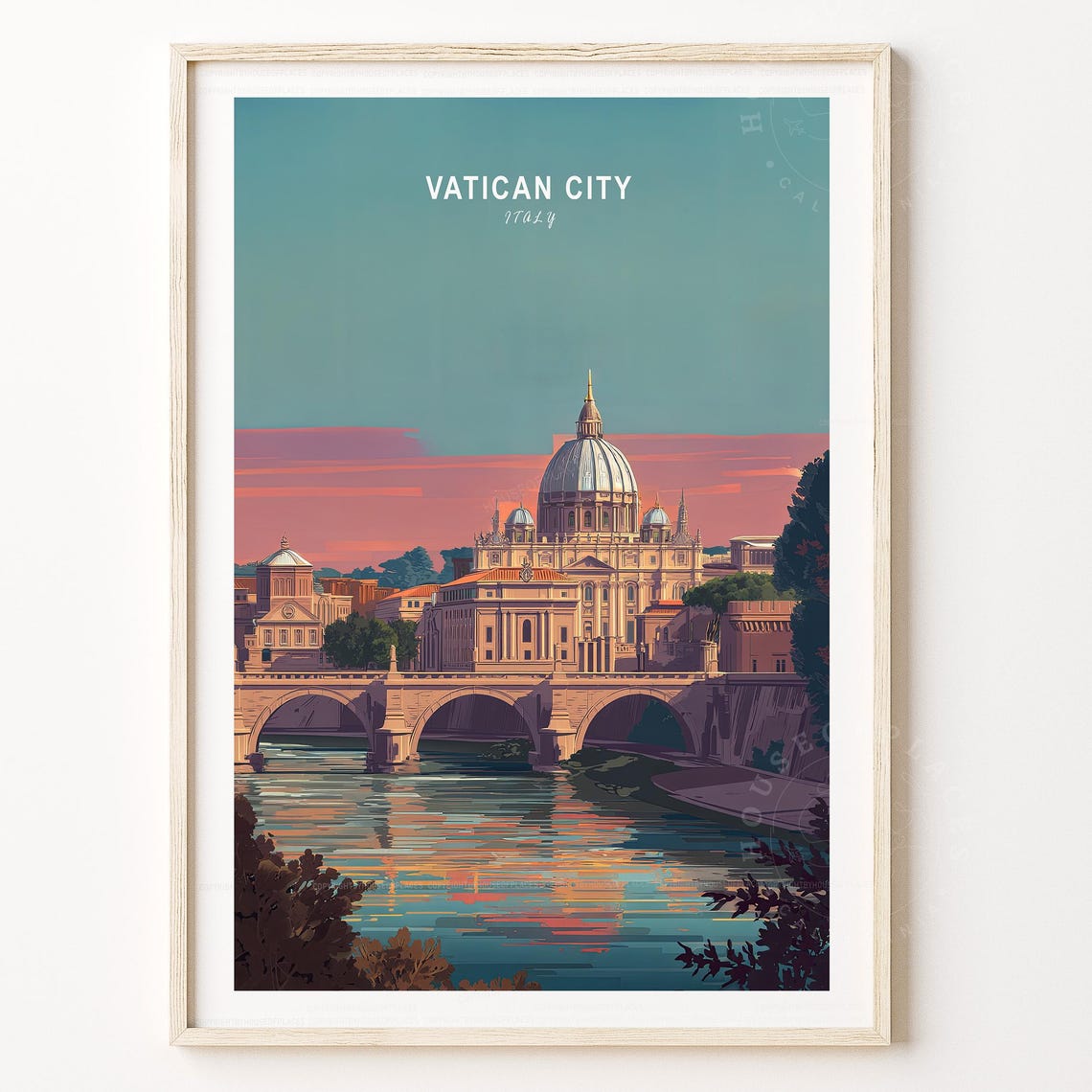 Vatican City Italy St Peters Basilica Twilight Vintage Travel Poster