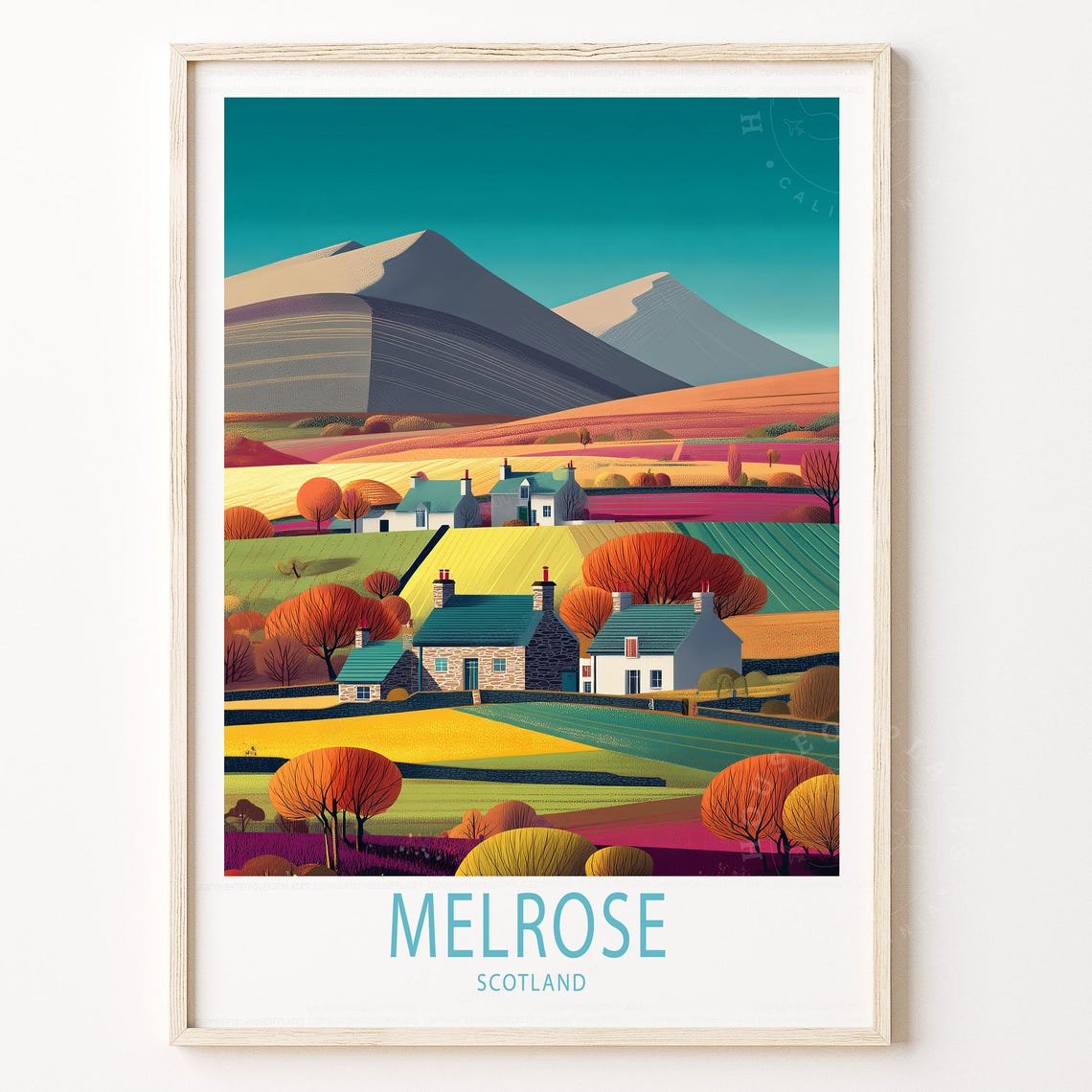 Melrose Scotland Borders Countryside Cottages Hills Travel Poster