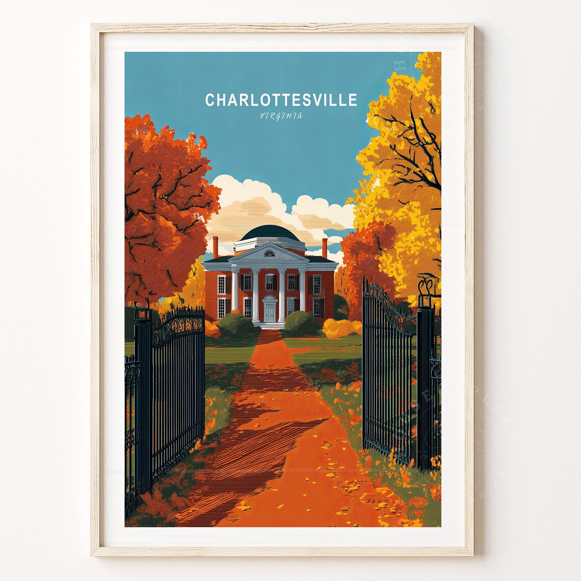Charlottesville Virginia Fall Foliage Travel Poster Autumn Estate Gates