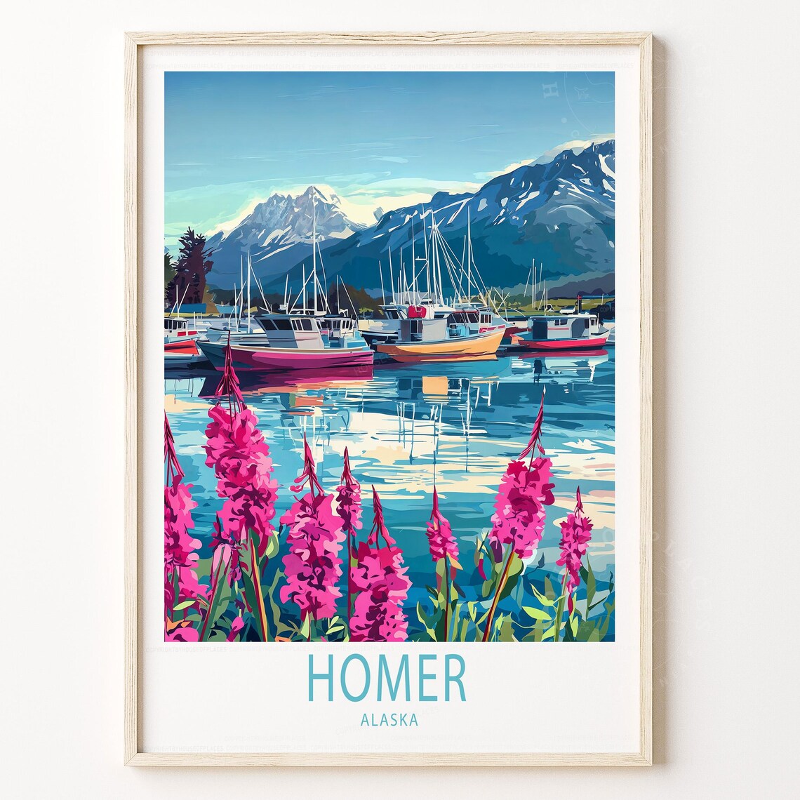 Homer Alaska Harbor Fishing Boats Mountain Retro Travel Poster