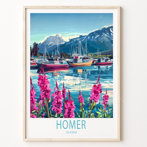 Homer Alaska Harbor Fishing Boats Mountain Retro Travel Poster