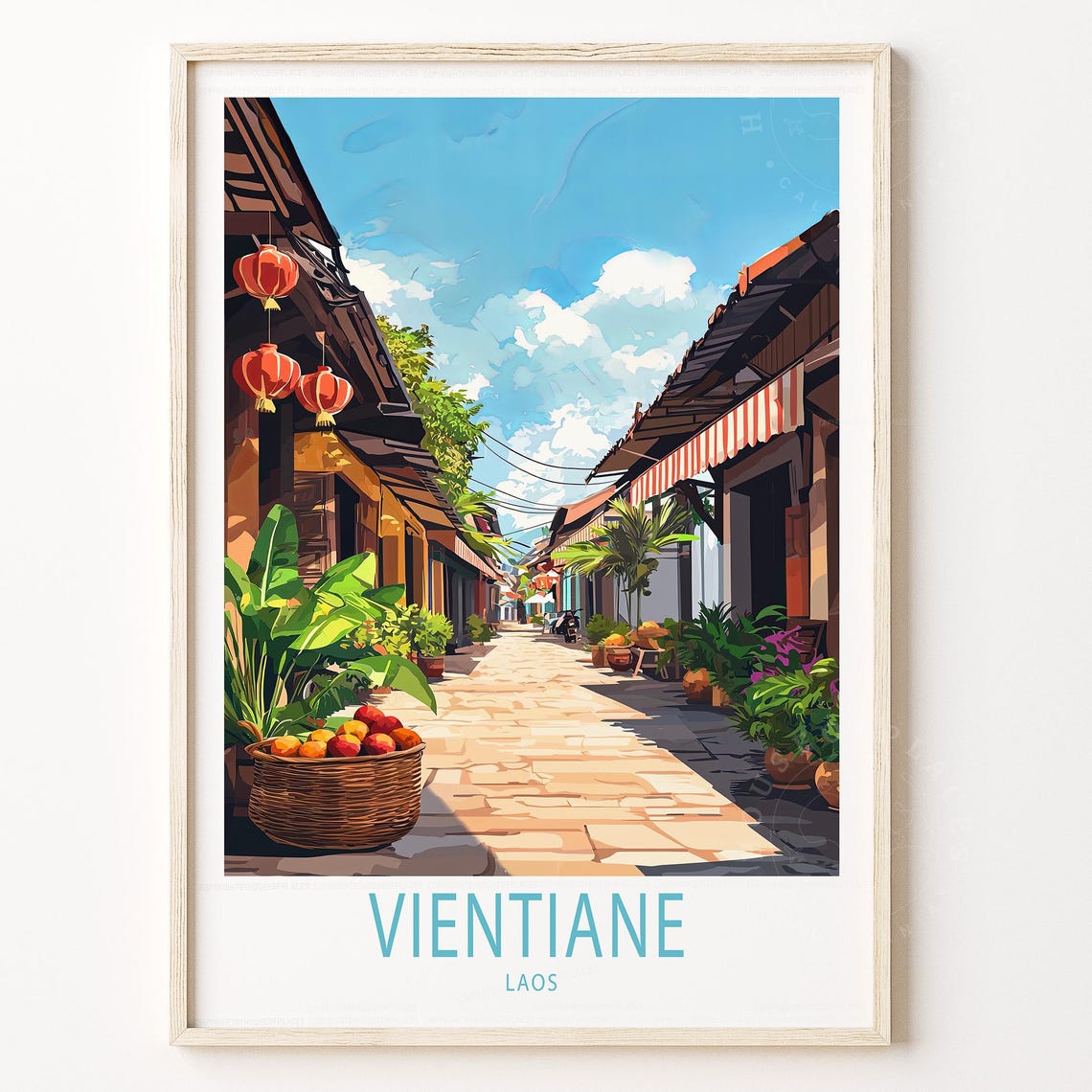 Vientiane Laos Old Town Lantern Street Vintage Travel Poster