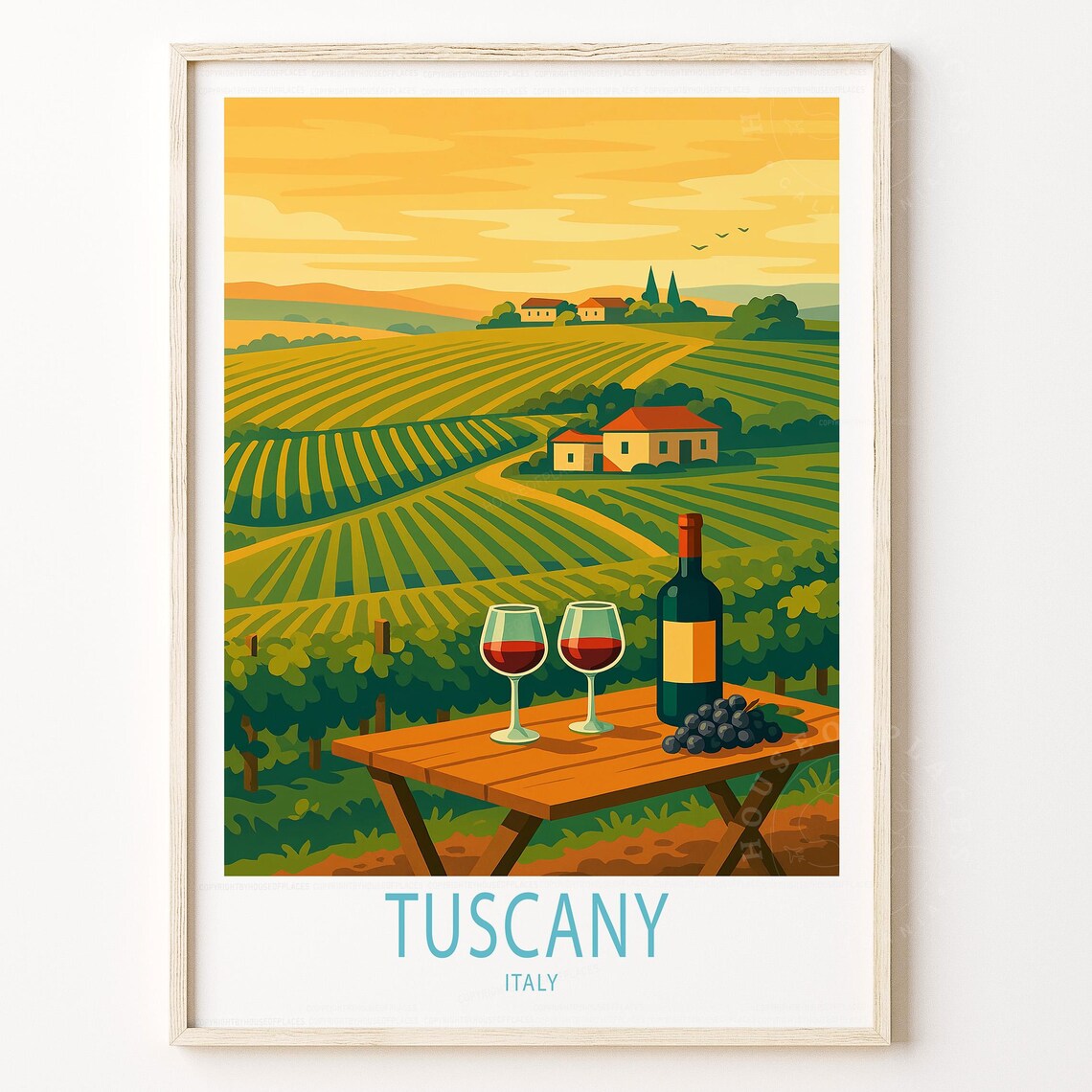 Tuscany Italy Sunset Vineyard Wine Glasses Bottle Travel Poster