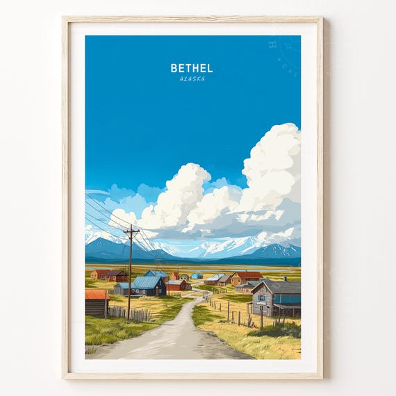 Bethel Alaska Village Blue Sky Snow Mountain Travel Art Poster
