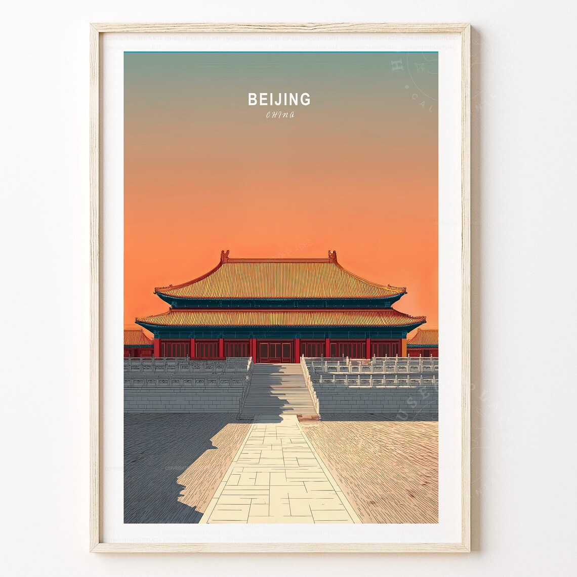 Beijing China Forbidden City Palace Sunset Illustration Travel Poster