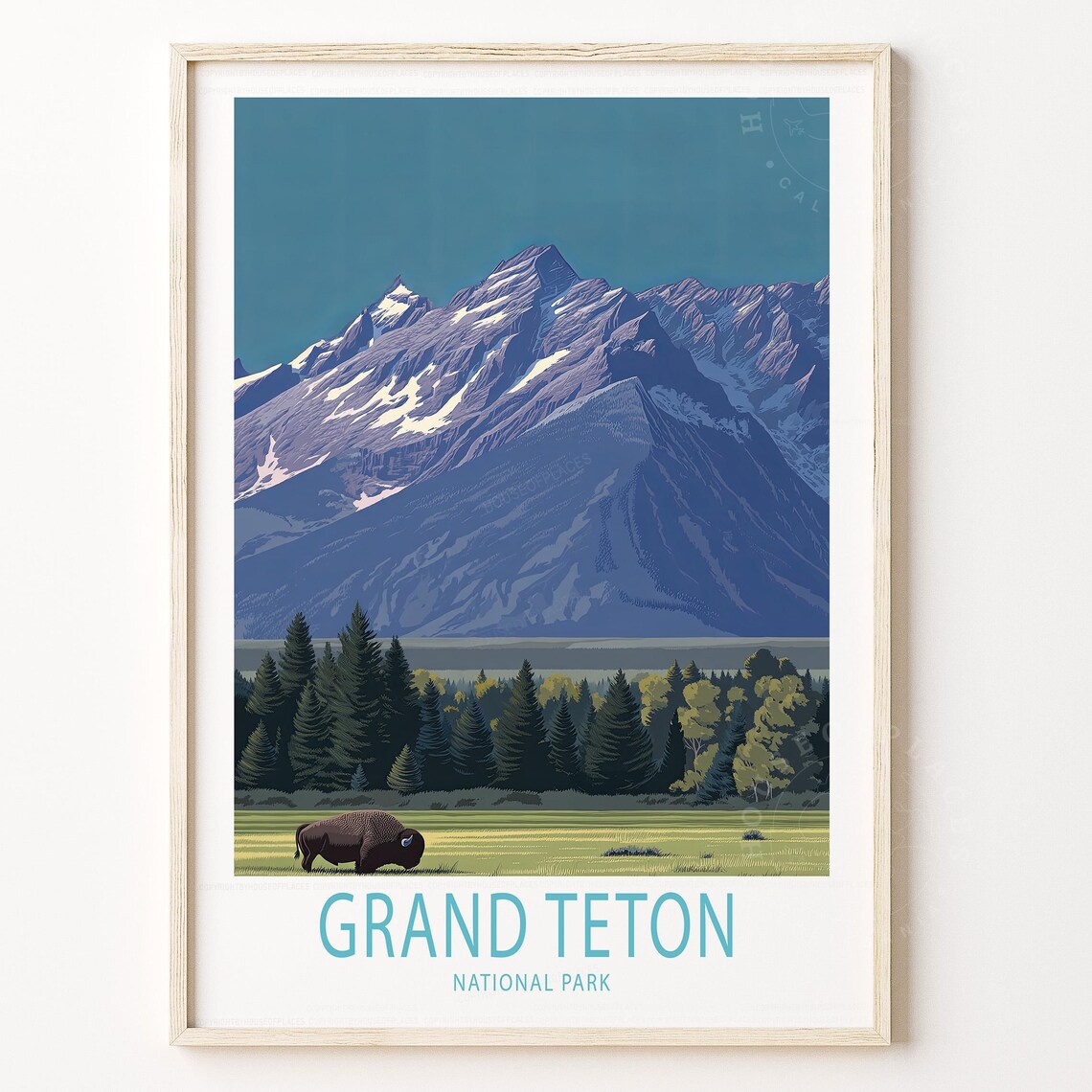 Grand Teton National Park Bison Grazing Mountain View Poster