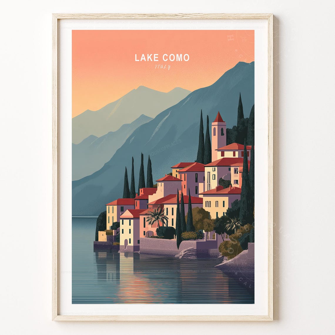 Lake Como Italy Mountain Lake Travel Poster Cypress Village Sunset Art