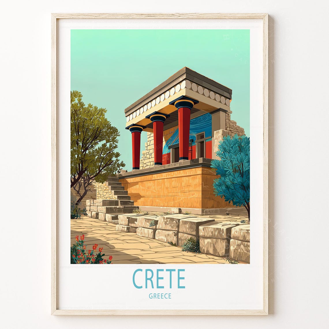 Crete Greece Ancient Knossos Palace Ruins Vintage Travel Poster