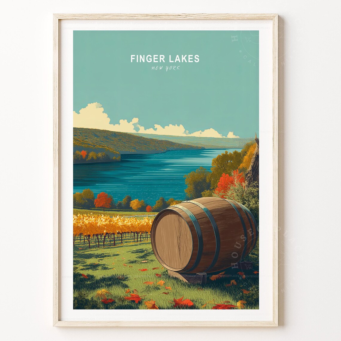 Finger Lakes New York Vineyard Autumn Minimalist Lake Travel Art Poster