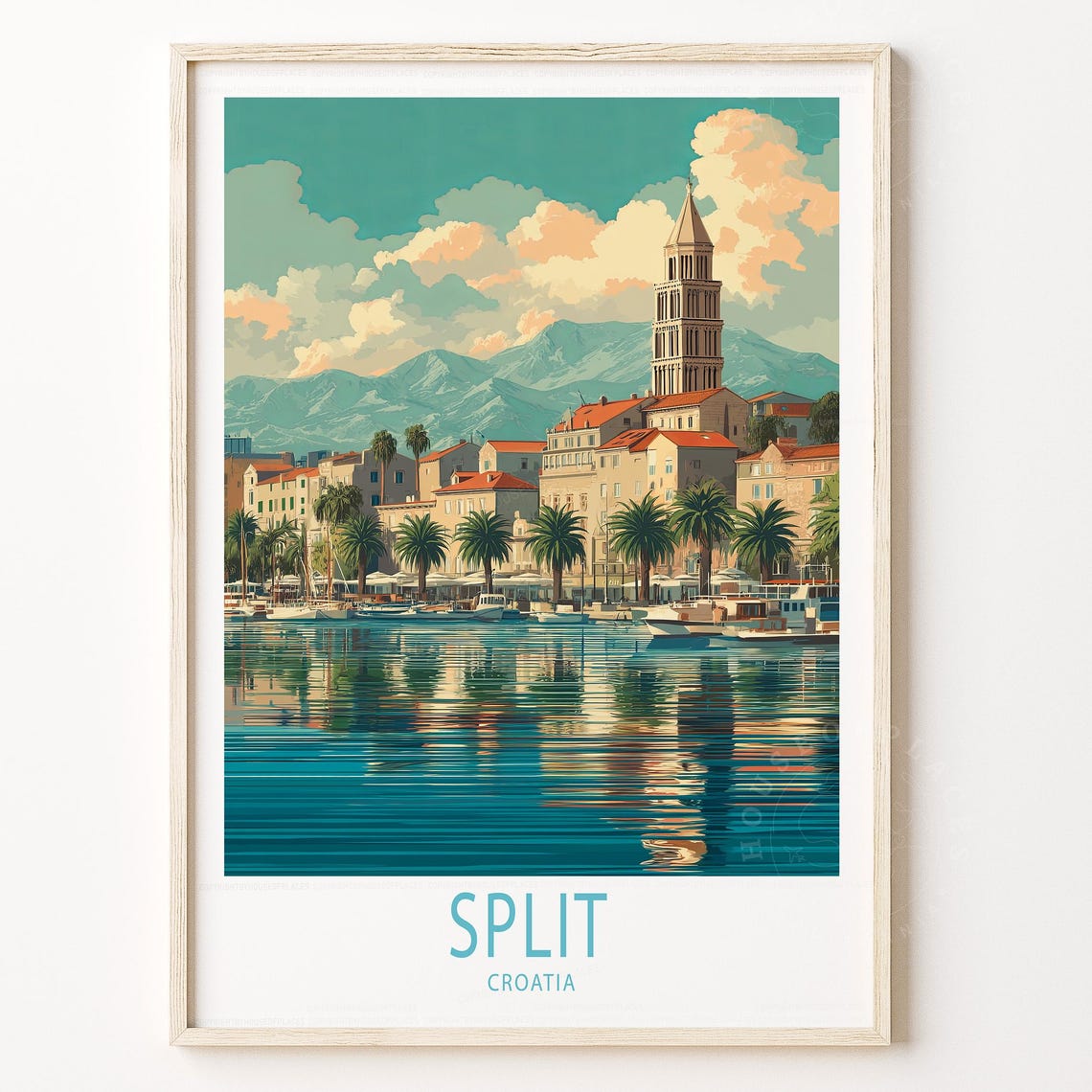 Split Croatia Adriatic Harbor Bell Tower Illustrated Travel Poster