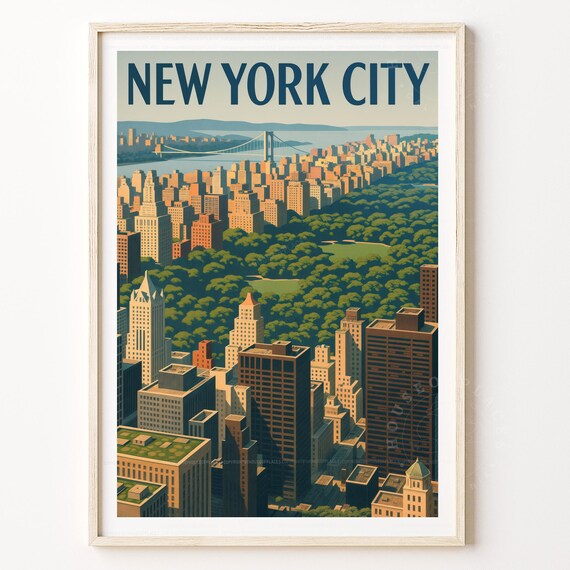 New York City Skyline Central Park Aerial Vintage Travel Poster