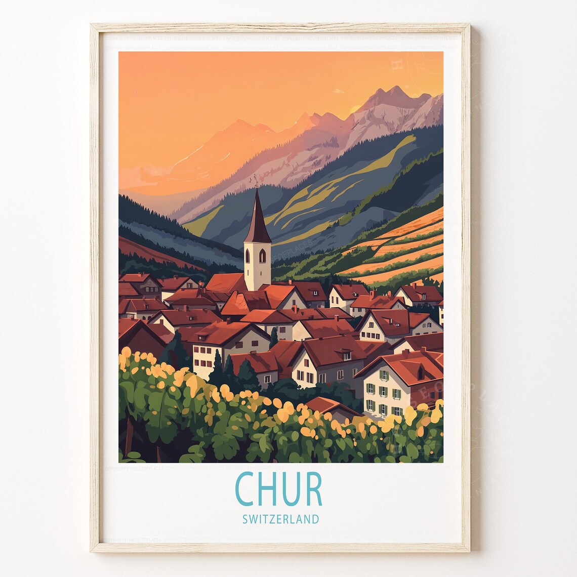 Chur Switzerland Retro Alpine Town Sunset Mountain Travel Poster