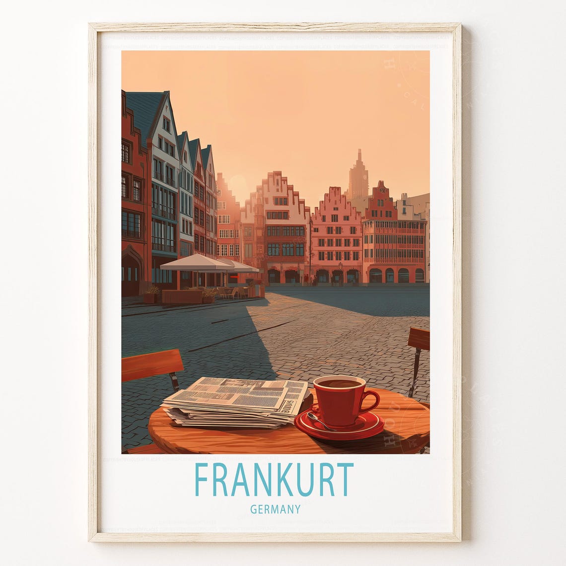 Frankurt Germany Old Town Square Cafe Table Vintage Travel Poster