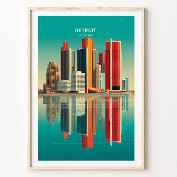 Detroit Michigan City Skyline River Reflection Travel Art Poster