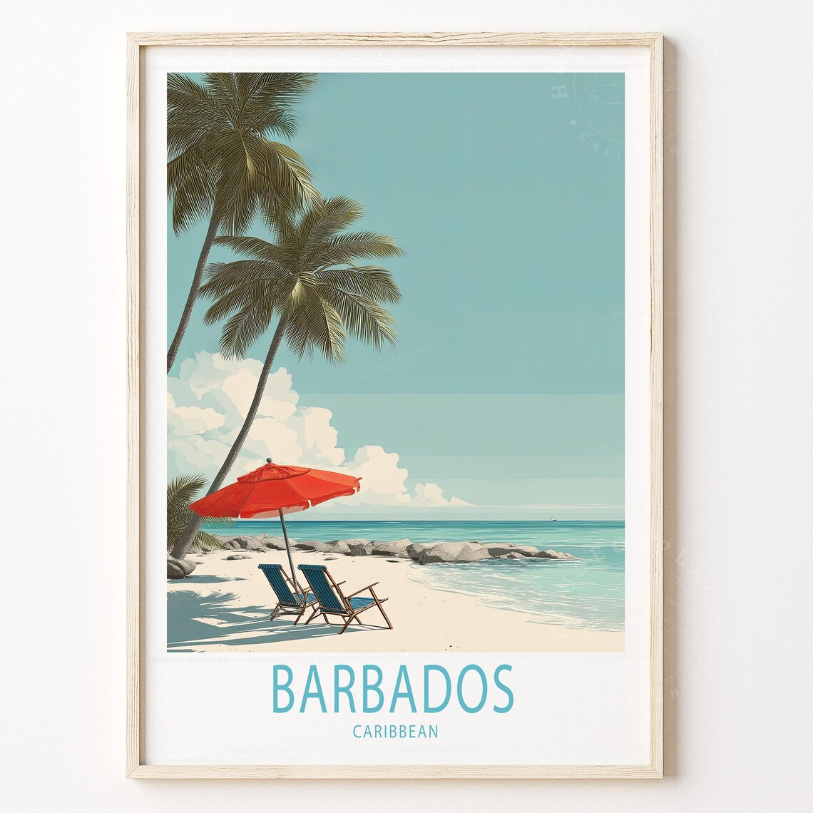 Barbados Caribbean Beach Palms Red Umbrella Tropical Travel Poster