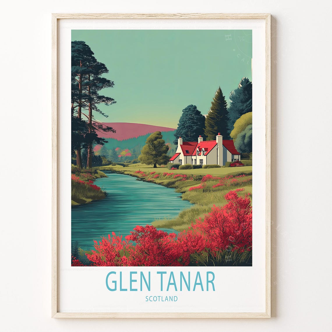 Glen Tanar Scotland River Valley Travel Poster Cottage Pine Forest