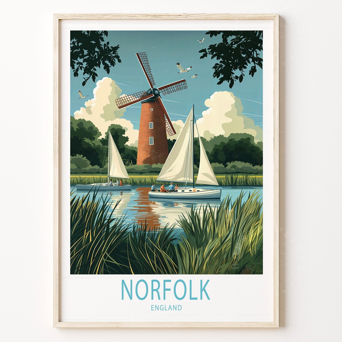 Norfolk England Windmill Sailboats Broads Countryside Travel Poster