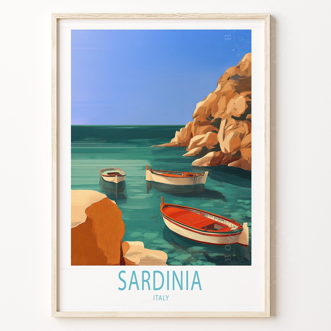 Sardinia Italy Orange Cliffs Rowboats Clear Blue Sea Travel Poster