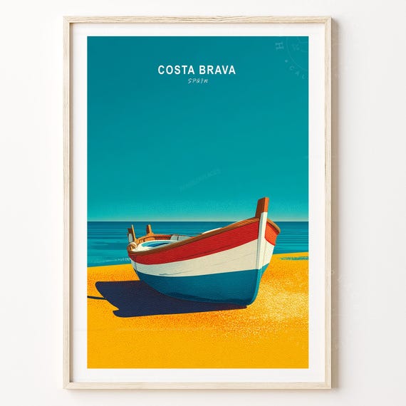 Costa Brava Spain Striped Boat Bright Yellow Beach Art Poster