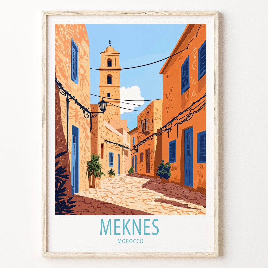 Meknes Morocco Ochre Alley Minaret Travel Poster Blue Doors Art
