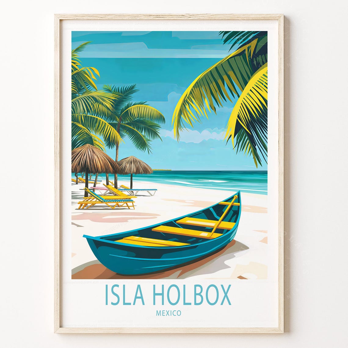 Isla Holbox Mexico Tropical Beach Canoe Palm Trees Travel Poster