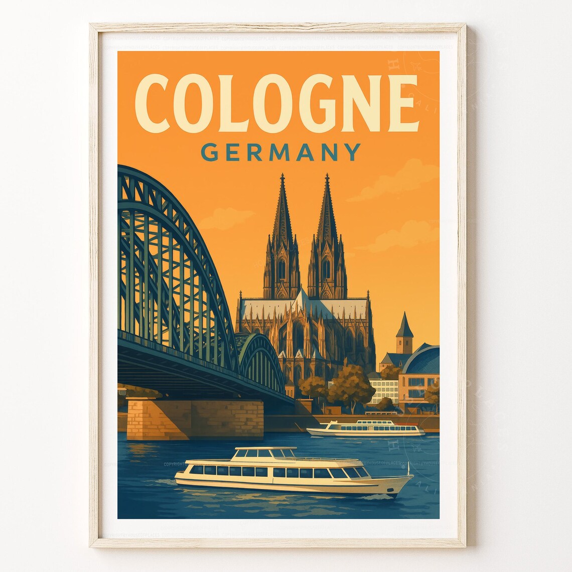Cologne Germany Cathedral Bridge Sunset Retro City Travel Poster