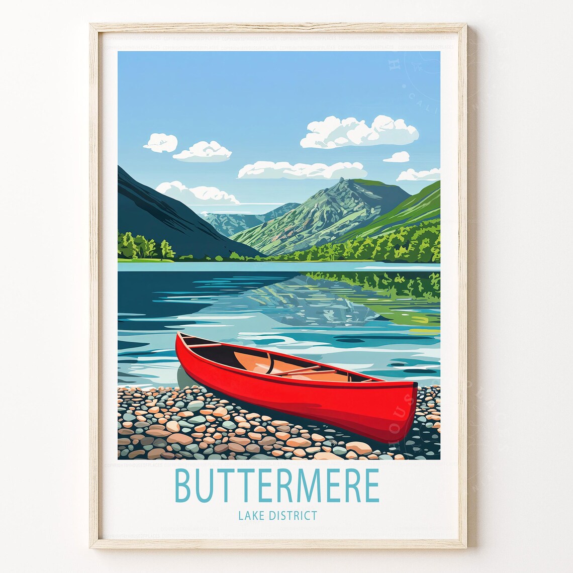 Buttermere Lake District Vintage Red Canoe Lakeshore Travel Poster