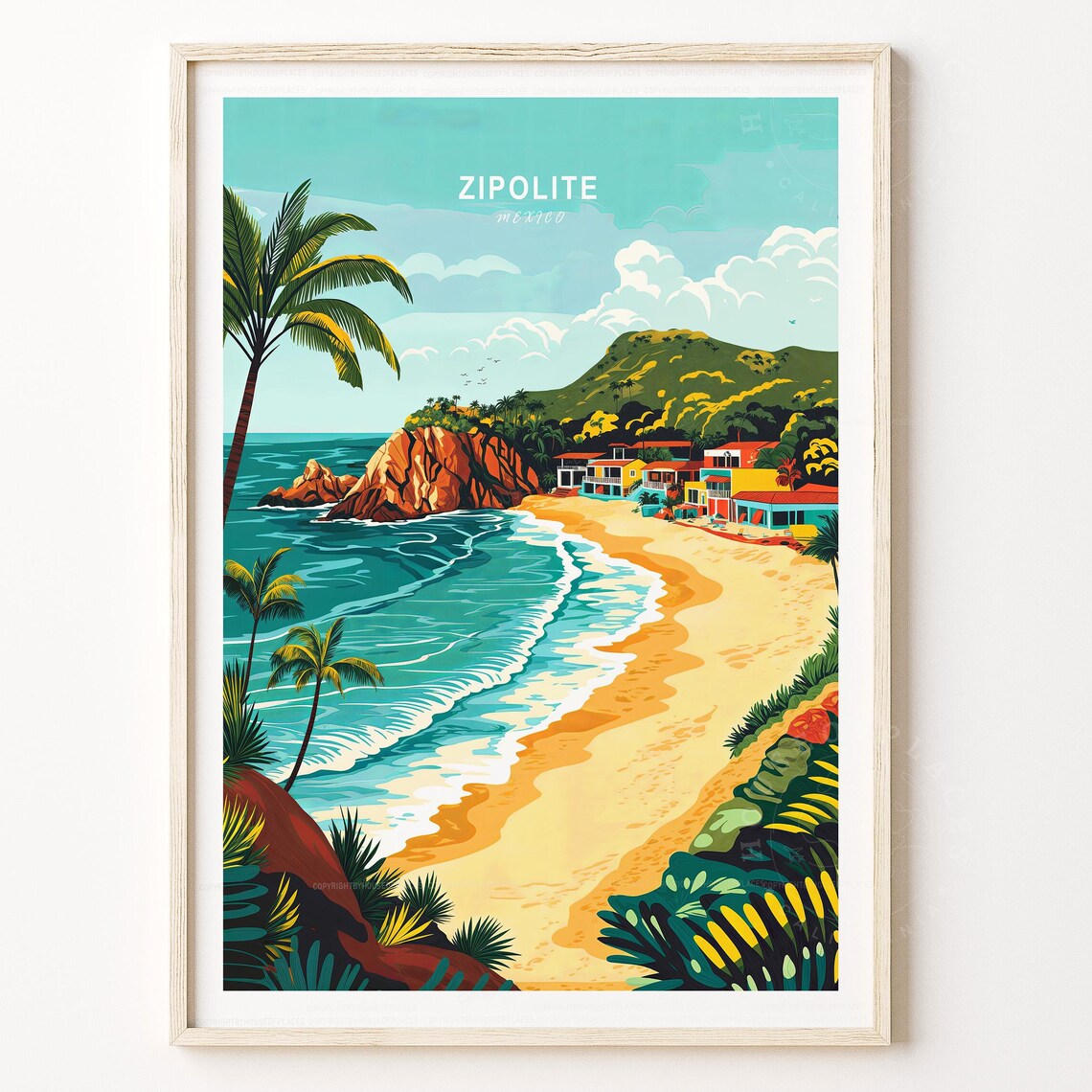 Zipolite Mexico Beach Paradise Palm Trees Ocean Waves Travel Poster